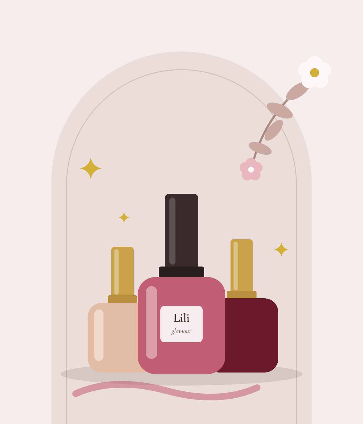Ilustração de três esmaltes, nude, rosé e vinho, num arco rosado com flores